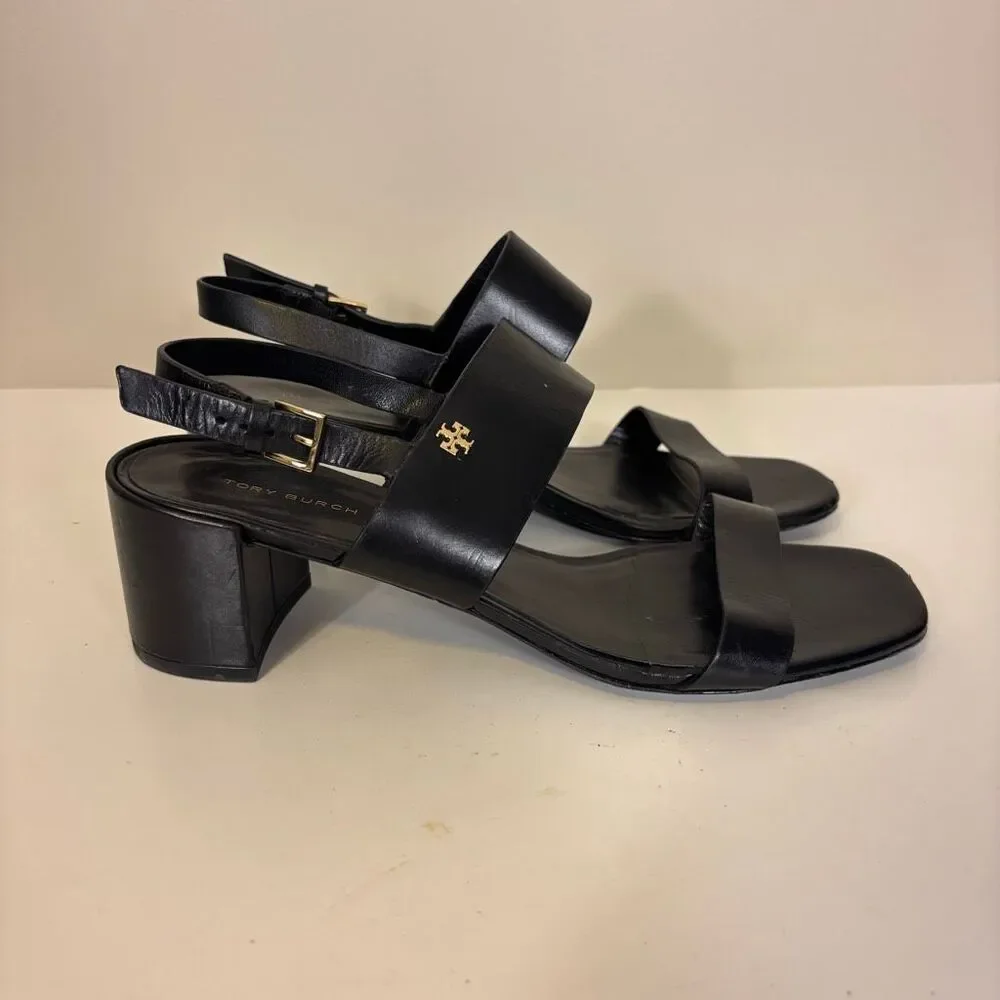 Tory Burch Black Leather Low Block Heel Sandals Size 8.5 - Picture 5 of 10